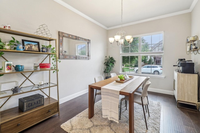 dining space with crown molding, baseboards, a notable chandelier, and dark wood-style floors