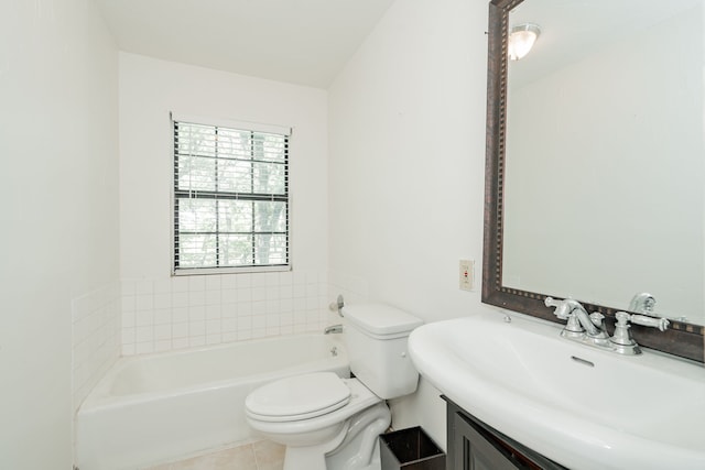 full bathroom with vanity, a shower, toilet, tile patterned floors, and a bath