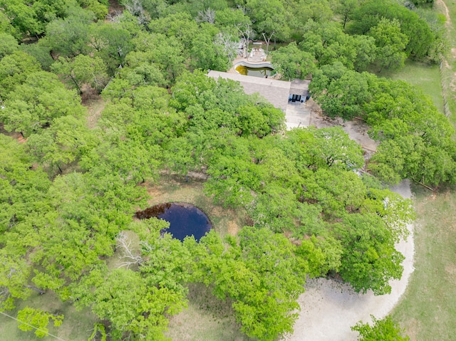 drone / aerial view with a water view and a forest view
