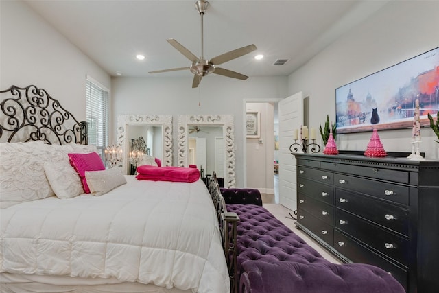 bedroom featuring recessed lighting, ceiling fan, and visible vents