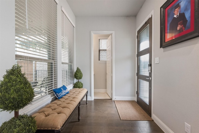doorway with baseboards and dark wood-style floors