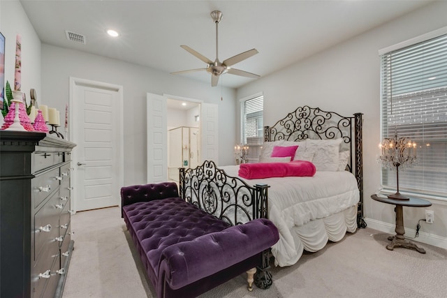 bedroom featuring recessed lighting, baseboards, visible vents, and carpet