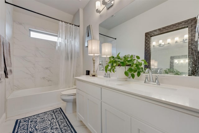 full bathroom with double vanity, a sink, shower / bath combination with curtain, and toilet