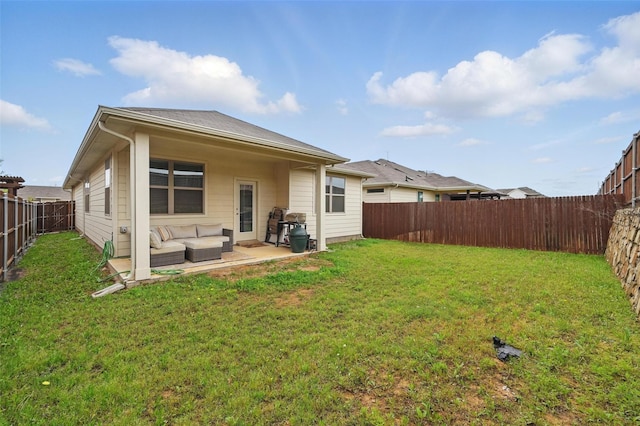 628 Coleman St, Aubrey, TX 76227 - rear view of property featuring an outdoor hangout area, a patio, a lawn, and a fenced backyard