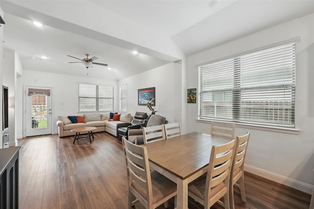 628 Coleman St, Aubrey, TX 76227 - dining room with a ceiling fan, vaulted ceiling, baseboards, recessed lighting, and dark wood-type flooring