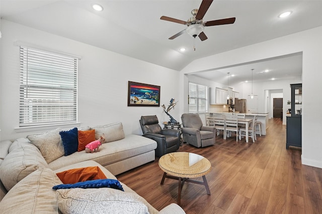 628 Coleman St, Aubrey, TX 76227 - living area with recessed lighting, ceiling fan, wood finished floors, and lofted ceiling