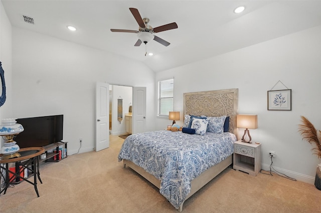 628 Coleman St, Aubrey, TX 76227 - bedroom featuring light carpet, recessed lighting, baseboards, vaulted ceiling, and visible vents