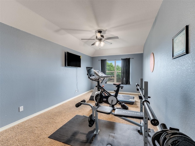 5732 Chateau Dr, Sachse, TX 75048 - exercise room featuring carpet floors, a textured wall, ceiling fan, and baseboards