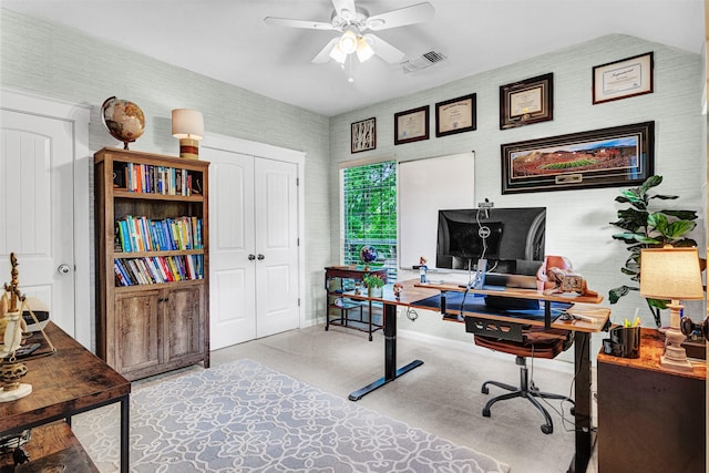 home office featuring visible vents and a ceiling fan