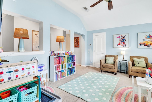 playroom featuring carpet flooring, ceiling fan, baseboards, vaulted ceiling, and visible vents