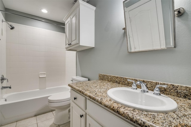 full bathroom featuring vanity, toilet, washtub / shower combination, recessed lighting, and tile patterned floors