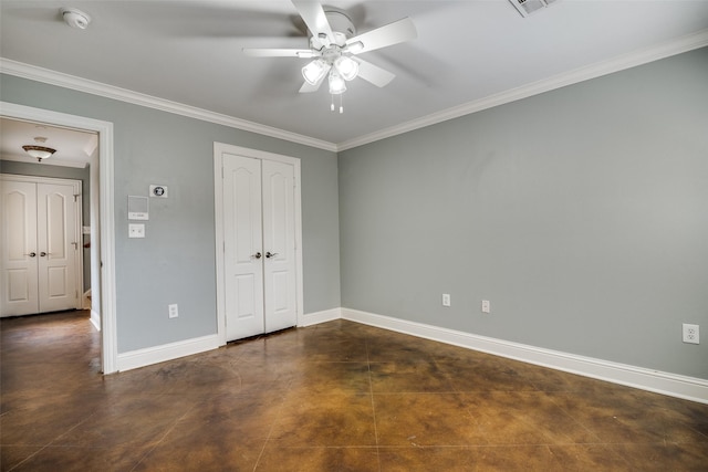 unfurnished bedroom with baseboards, ornamental molding, finished concrete floors, and a closet
