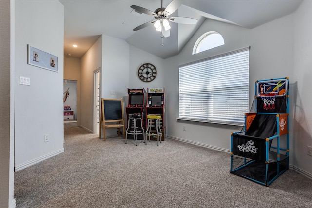 8480 Kincaid Ln, Frisco, TX 75036 - recreation room featuring plenty of natural light, a ceiling fan, carpet, and lofted ceiling