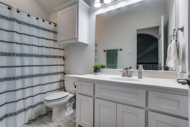 8480 Kincaid Ln, Frisco, TX 75036 - full bathroom featuring toilet, a shower with shower curtain, lofted ceiling, and vanity
