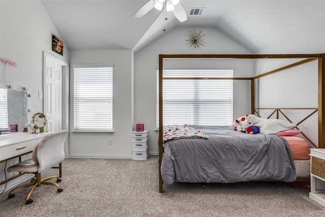 8480 Kincaid Ln, Frisco, TX 75036 - carpeted bedroom with multiple windows, vaulted ceiling, ceiling fan, and visible vents