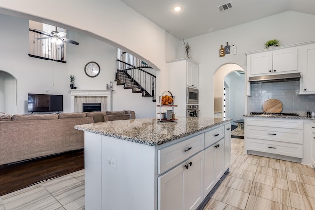 8480 Kincaid Ln, Frisco, TX 75036 - kitchen with ceiling fan, visible vents, a tiled fireplace, light stone countertops, and stainless steel appliances