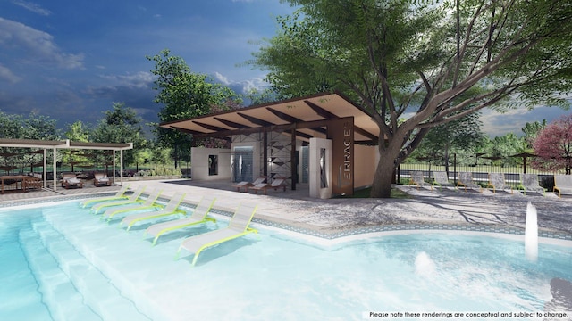 outdoor pool with an exterior structure, a patio, fence, and an outdoor structure