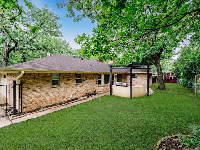 2345 Ravenwood Dr, Grand Prairie, TX 75050 - rear view of property featuring fence, a pergola, brick siding, a chimney, and a lawn