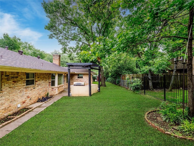 2345 Ravenwood Dr, Grand Prairie, TX 75050 - view of yard featuring a fenced backyard, a patio area, a pergola, and an outdoor kitchen