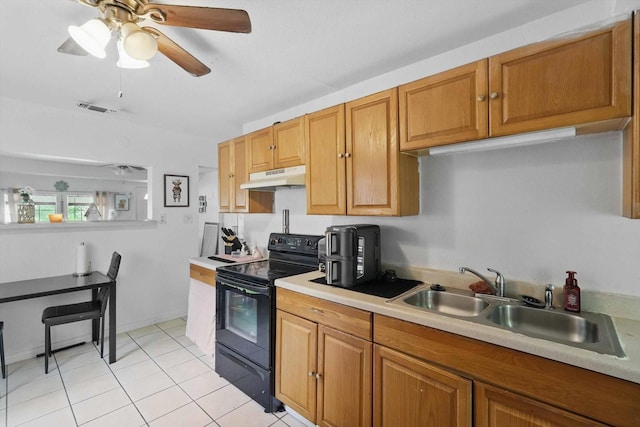 2805 Hale Ave, Fort Worth, TX 76106 - kitchen with black / electric stove, visible vents, a sink, light countertops, and under cabinet range hood