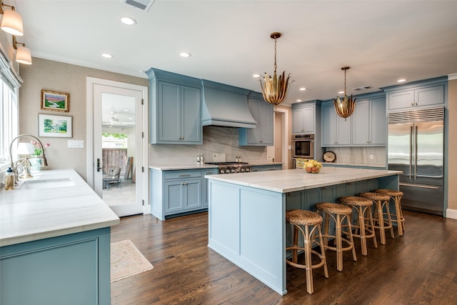 kitchen featuring appliances with stainless steel finishes, a sink, dark wood finished floors, tasteful backsplash, and custom exhaust hood