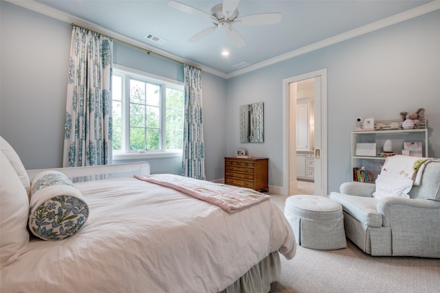 bedroom featuring carpet flooring, visible vents, ornamental molding, and connected bathroom