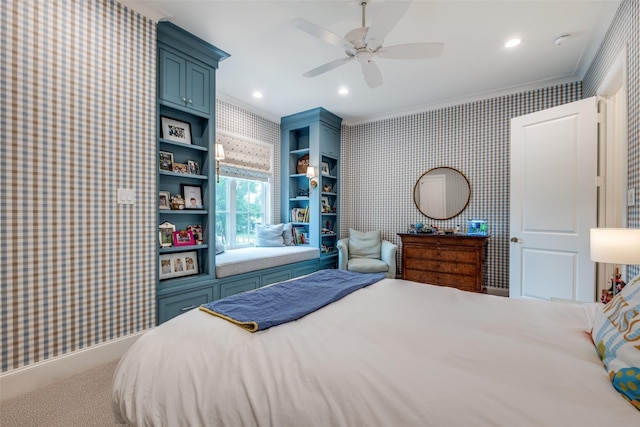 carpeted bedroom with recessed lighting, ornamental molding, ceiling fan, and wallpapered walls