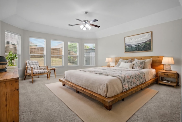 2217 Caroline Dr, Weatherford, TX 76087 - bedroom featuring baseboards, a tray ceiling, light carpet, and ceiling fan