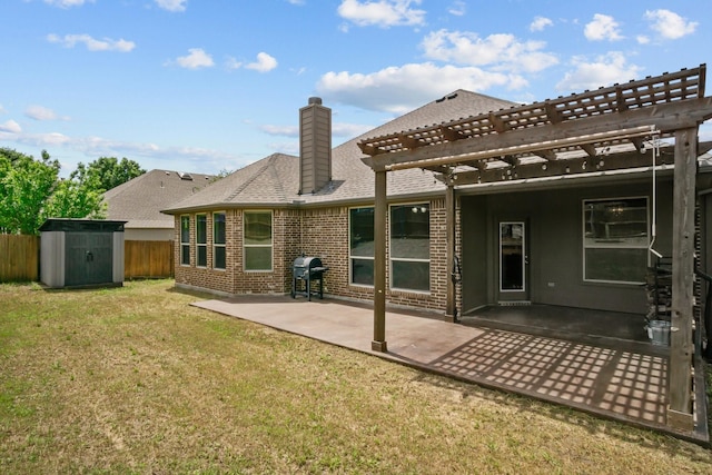 2217 Caroline Dr, Weatherford, TX 76087 - rear view of house featuring a chimney, a lawn, fence, a storage unit, and a pergola