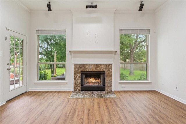 unfurnished living room featuring wood finished floors, a wealth of natural light, and a premium fireplace