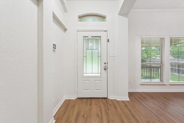 entrance foyer featuring baseboards, ornamental molding, and wood finished floors