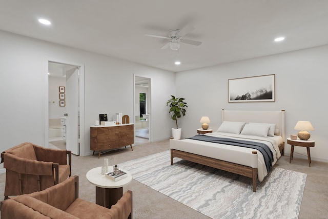 1308 Chesterton Dr, Richardson, TX 75080 - bedroom with light carpet, recessed lighting, connected bathroom, baseboards, and ceiling fan