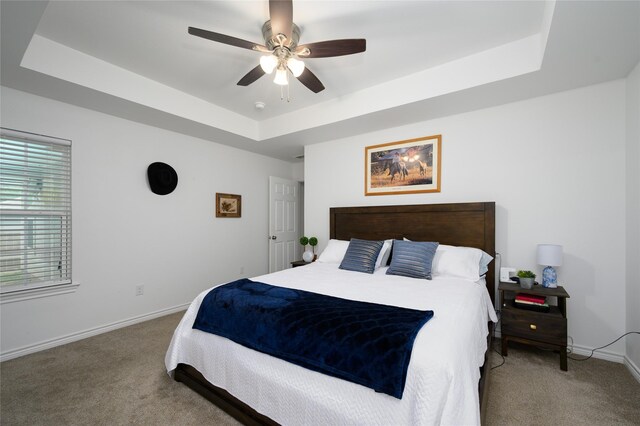 bedroom featuring a raised ceiling, baseboards, a ceiling fan, and carpet flooring