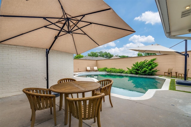 view of pool with a fenced backyard, a fenced in pool, and a patio