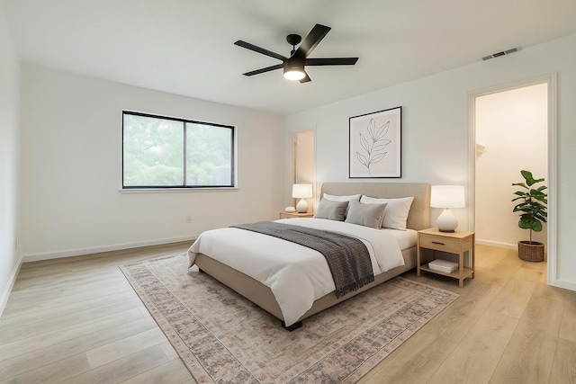 6401 Gate Ridge Cir, Garland, TX 75043 - bedroom with light wood-style floors, baseboards, a ceiling fan, and visible vents