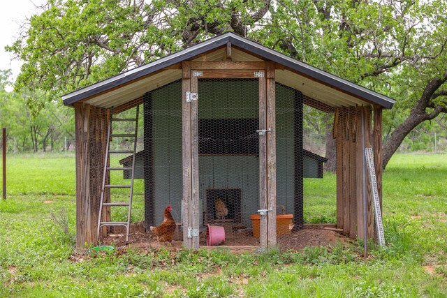 view of poultry coop featuring a lawn