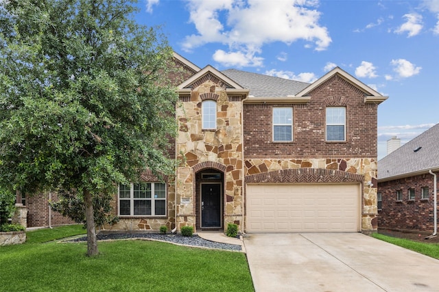 traditional-style home with a garage, a front lawn, stone siding, brick siding, and driveway