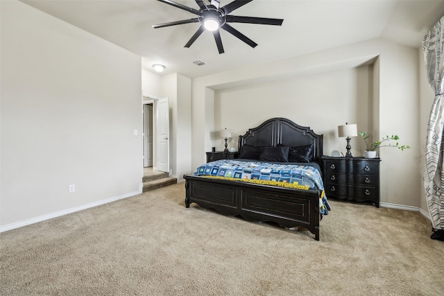 bedroom with baseboards, a ceiling fan, carpet, and visible vents