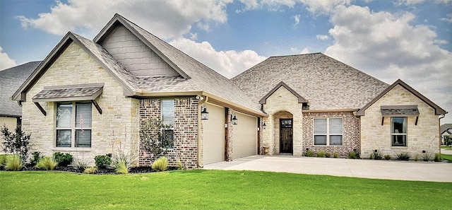 rear view of house with cooling unit, a patio, brick siding, a shingled roof, and a yard