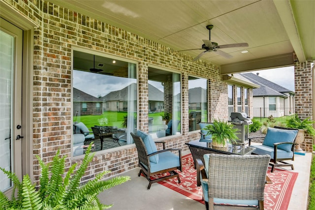 view of patio with a ceiling fan, fence, and a grill