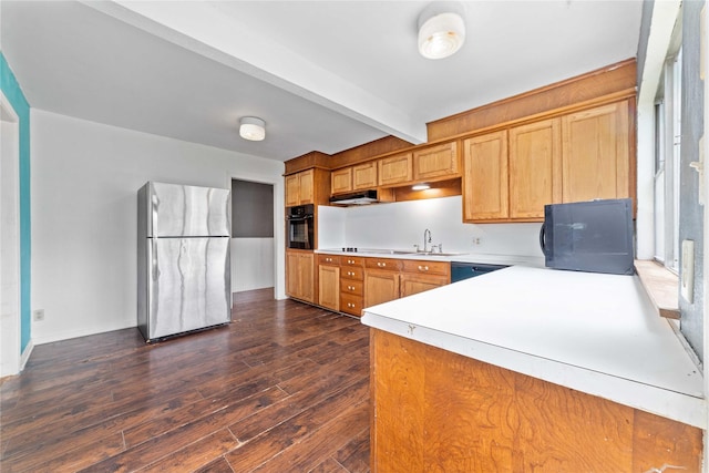 kitchen with beam ceiling, light countertops, dark wood-type flooring, under cabinet range hood, and black appliances