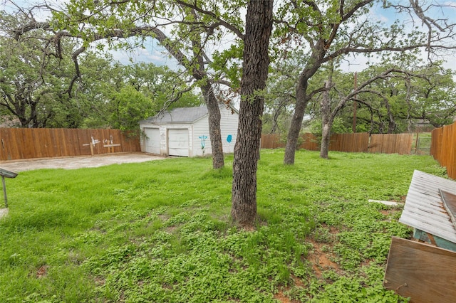 view of yard with a fenced backyard and an outbuilding