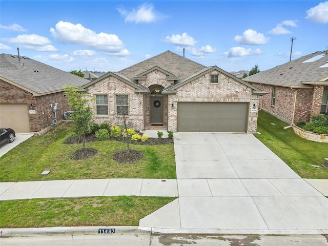 french country inspired facade featuring roof with shingles, a front yard, a garage, brick siding, and concrete driveway