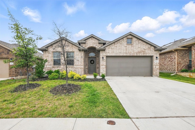 11437 Leeson St, Fort Worth, TX 76052 - view of front of property featuring a garage, driveway, a front lawn, and brick siding