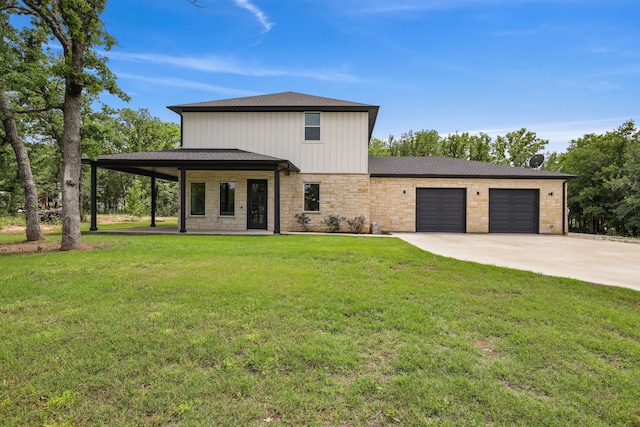 811 County Road 3451, Paradise, TX 76073 - view of front of property featuring driveway, a front lawn, stone siding, and a garage