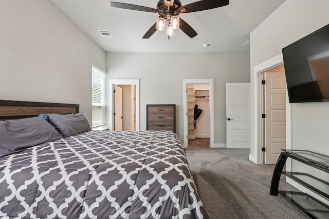 811 County Road 3451, Paradise, TX 76073 - bedroom featuring a walk in closet, ceiling fan, visible vents, a closet, and carpet flooring