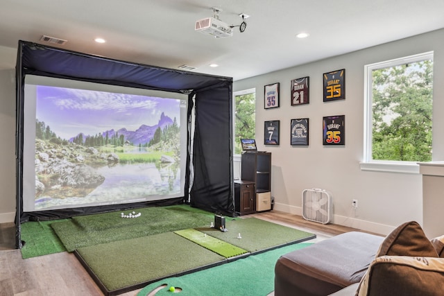811 County Road 3451, Paradise, TX 76073 - recreation room featuring baseboards, plenty of natural light, wood finished floors, and golf simulator