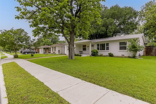 single story home featuring fence, a porch, a front lawn, and crawl space