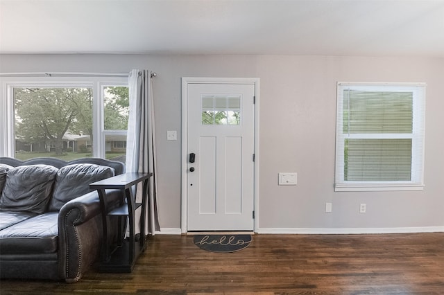 foyer with baseboards and dark wood-style floors