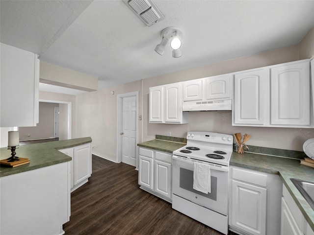 1227 W Walker St, Denison, TX 75020 - kitchen with under cabinet range hood, white electric range oven, visible vents, and white cabinets